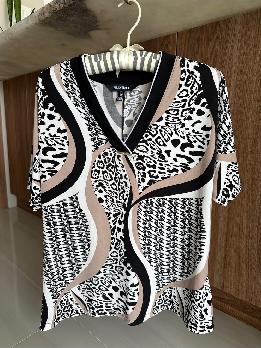 Ellen Tracy Black, Cream & Tan Abstract Animal Print V-Neck Top